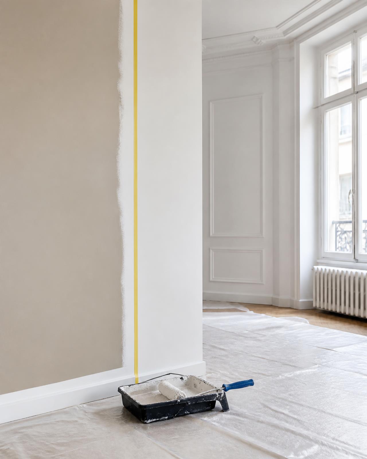 Applicateur MB BAT SA lissant un enduit sur un mur intérieur à Genève